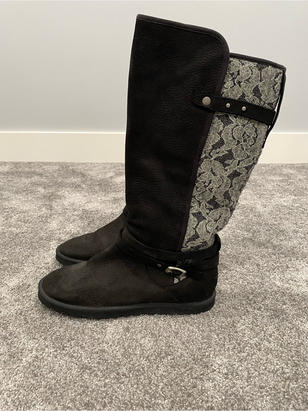 Women's UGG Marielle Black Leather Boots w/ Lace Overlays 1003572 Size 10